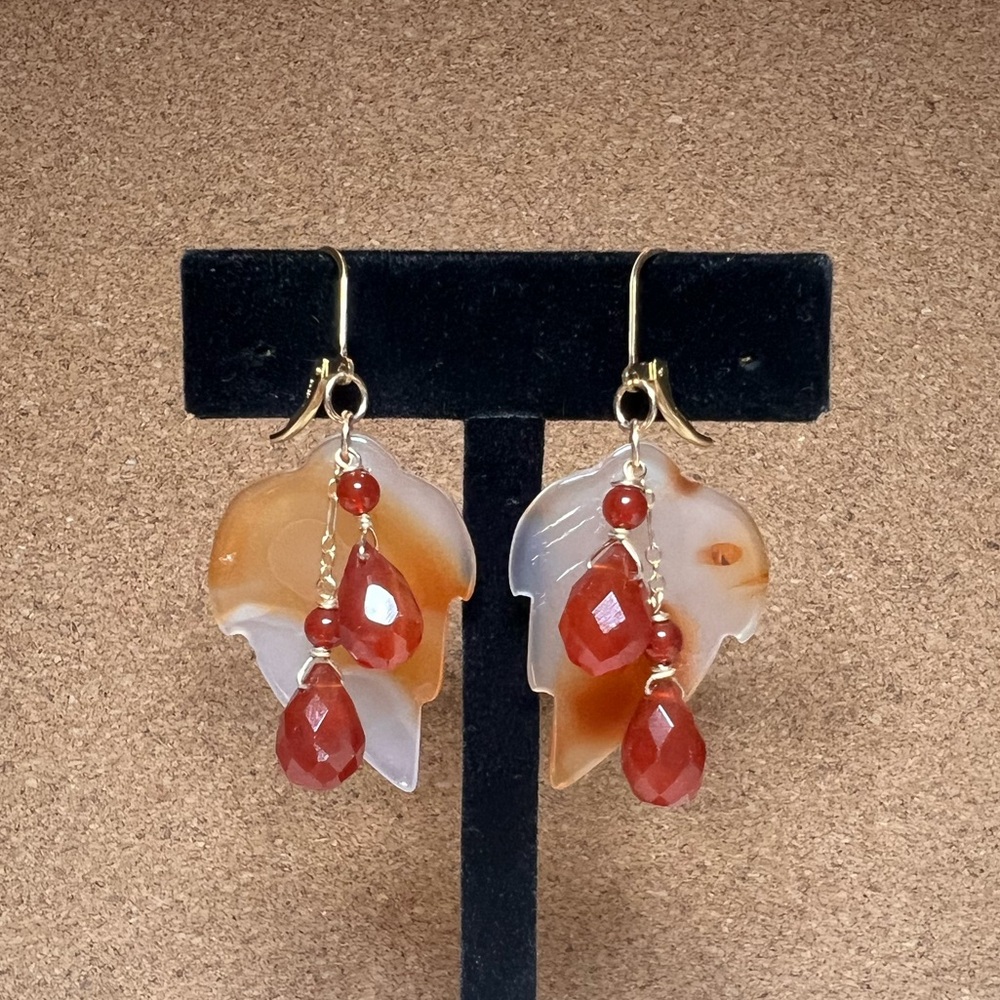 Carnelian leaf and faceted teardrop gold-fill leaver back earrings handmade